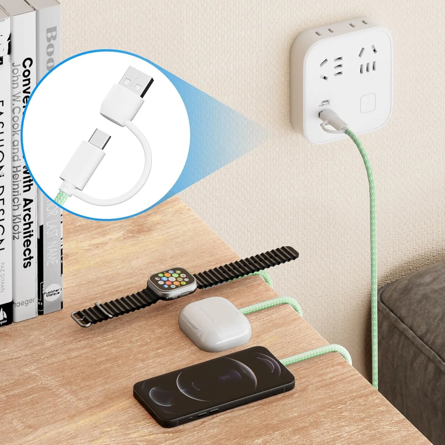 𝐔𝐩𝐠𝐫𝐚𝐝𝐞𝐝 𝐑𝐚𝐩𝐢𝐝 𝐅𝐚𝐬𝐭 Charging USB C Watch Phone Charger 3 in 2 Cable, Compatible with Apple Watch Ultra SE Series 1-9, Universal Travel Multi Devices All in One Cord, 4FT/1.2M-Green
