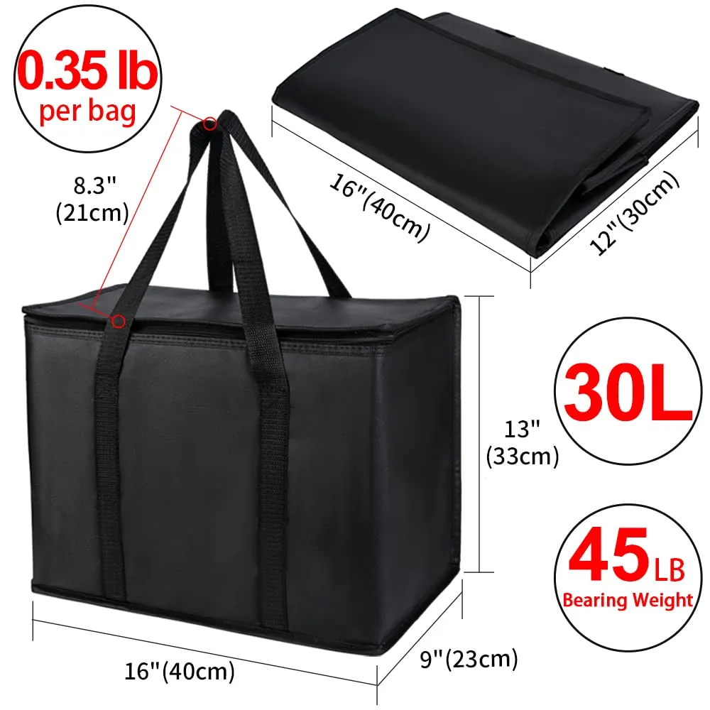 1-Pack Insulated Reusable Grocery Bags, X-Large Insulated Food Delivery Bag for Doordash/Catering/Uber Eats, Commercial Food Warmer for Shopping, Tote Cooler Bags, Black