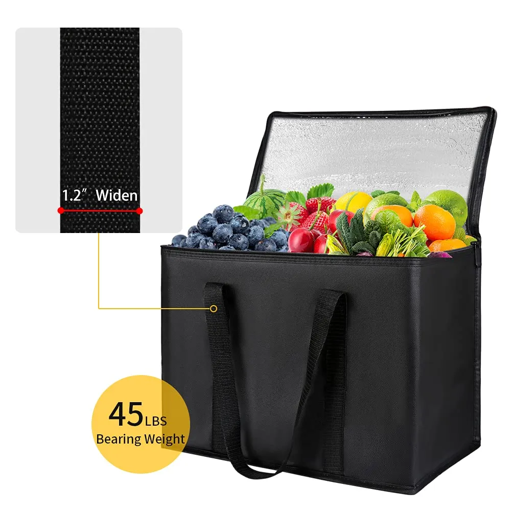 1-Pack Insulated Reusable Grocery Bags, X-Large Insulated Food Delivery Bag for Doordash/Catering/Uber Eats, Commercial Food Warmer for Shopping, Tote Cooler Bags, Black