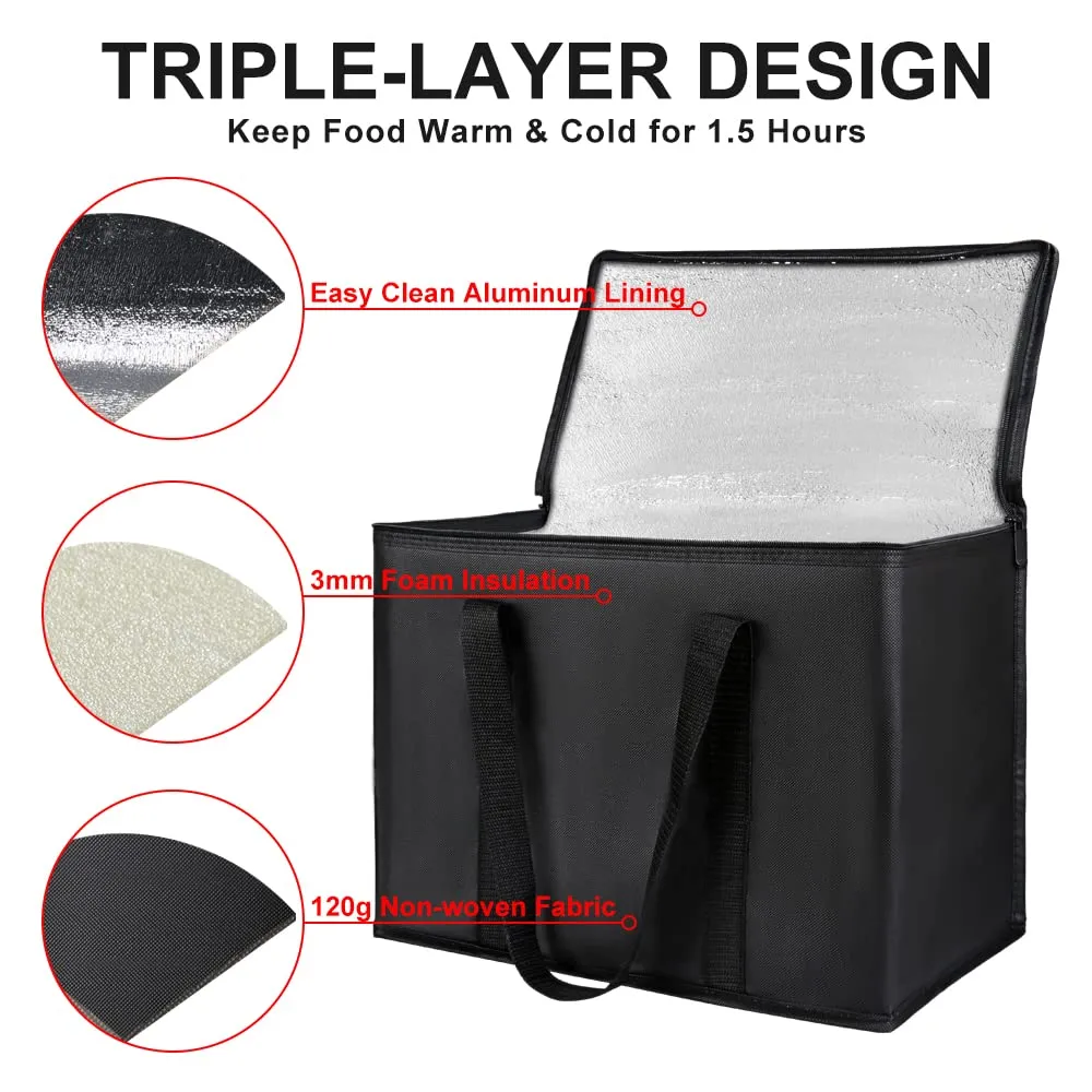 1-Pack Insulated Reusable Grocery Bags, X-Large Insulated Food Delivery Bag for Doordash/Catering/Uber Eats, Commercial Food Warmer for Shopping, Tote Cooler Bags, Black