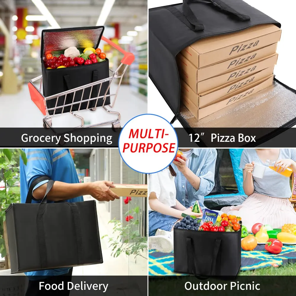 1-Pack Insulated Reusable Grocery Bags, X-Large Insulated Food Delivery Bag for Doordash/Catering/Uber Eats, Commercial Food Warmer for Shopping, Tote Cooler Bags, Black