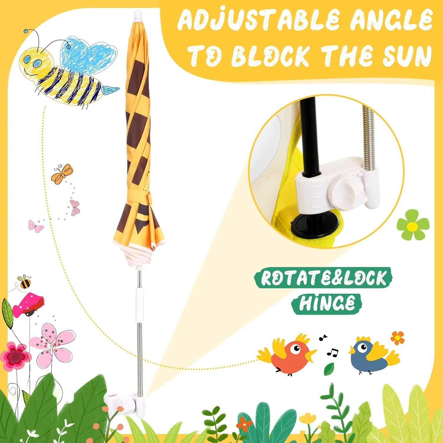 1 Set Kids Beach Chair with Umbrella Child Folding Chair Umbrella with Universal Clamp for Children Beach Camping Patio Garden Outdoor Lawn Pool Travel Indoor (Bee)