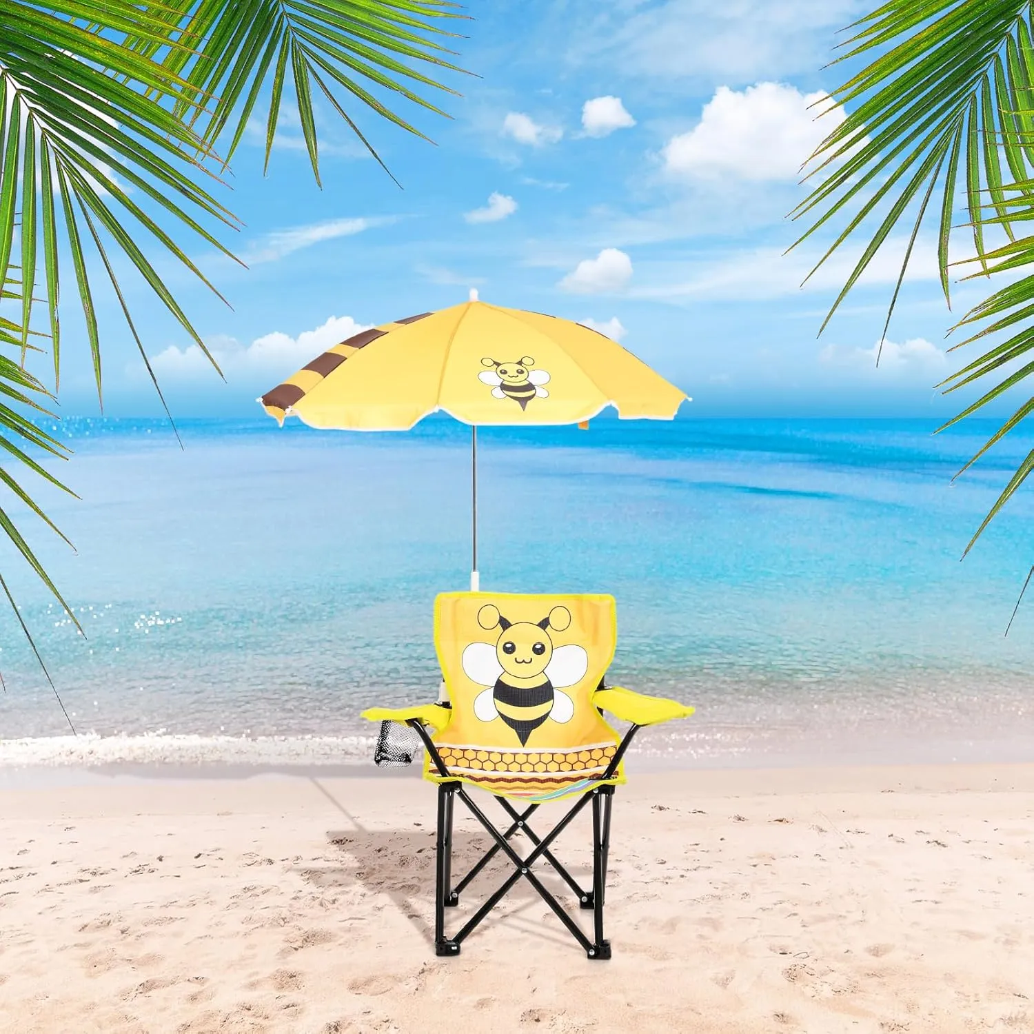 1 Set Kids Beach Chair with Umbrella Child Folding Chair Umbrella with Universal Clamp for Children Beach Camping Patio Garden Outdoor Lawn Pool Travel Indoor (Bee)