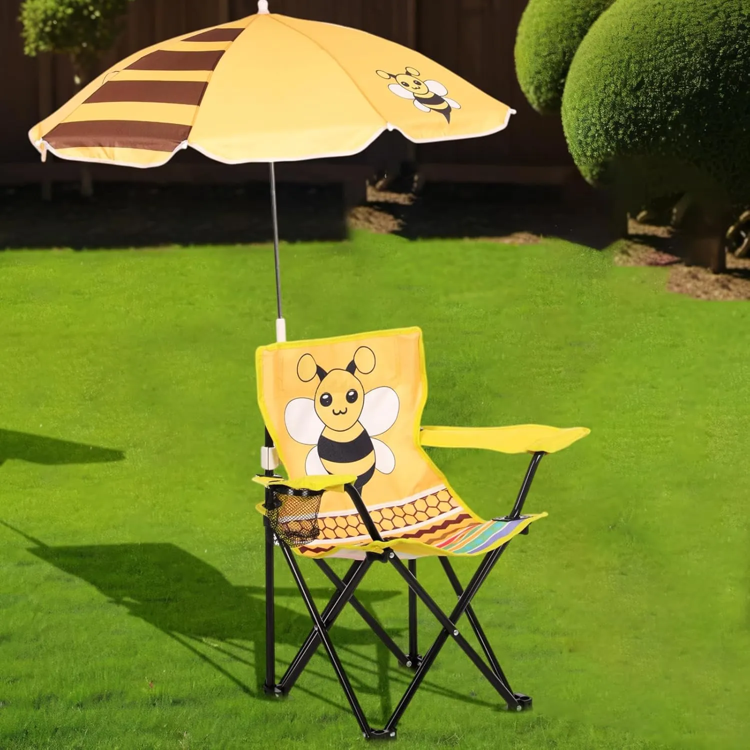 1 Set Kids Beach Chair with Umbrella Child Folding Chair Umbrella with Universal Clamp for Children Beach Camping Patio Garden Outdoor Lawn Pool Travel Indoor (Bee)