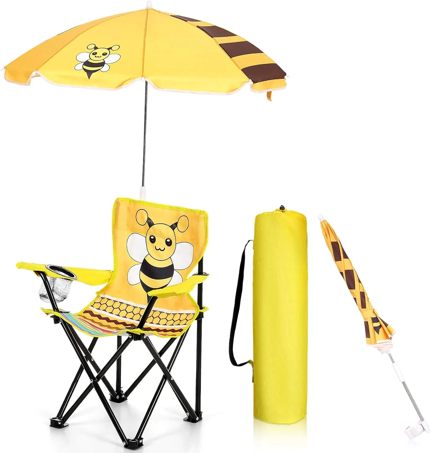 1 Set Kids Beach Chair with Umbrella Child Folding Chair Umbrella with Universal Clamp for Children Beach Camping Patio Garden Outdoor Lawn Pool Travel Indoor (Bee)