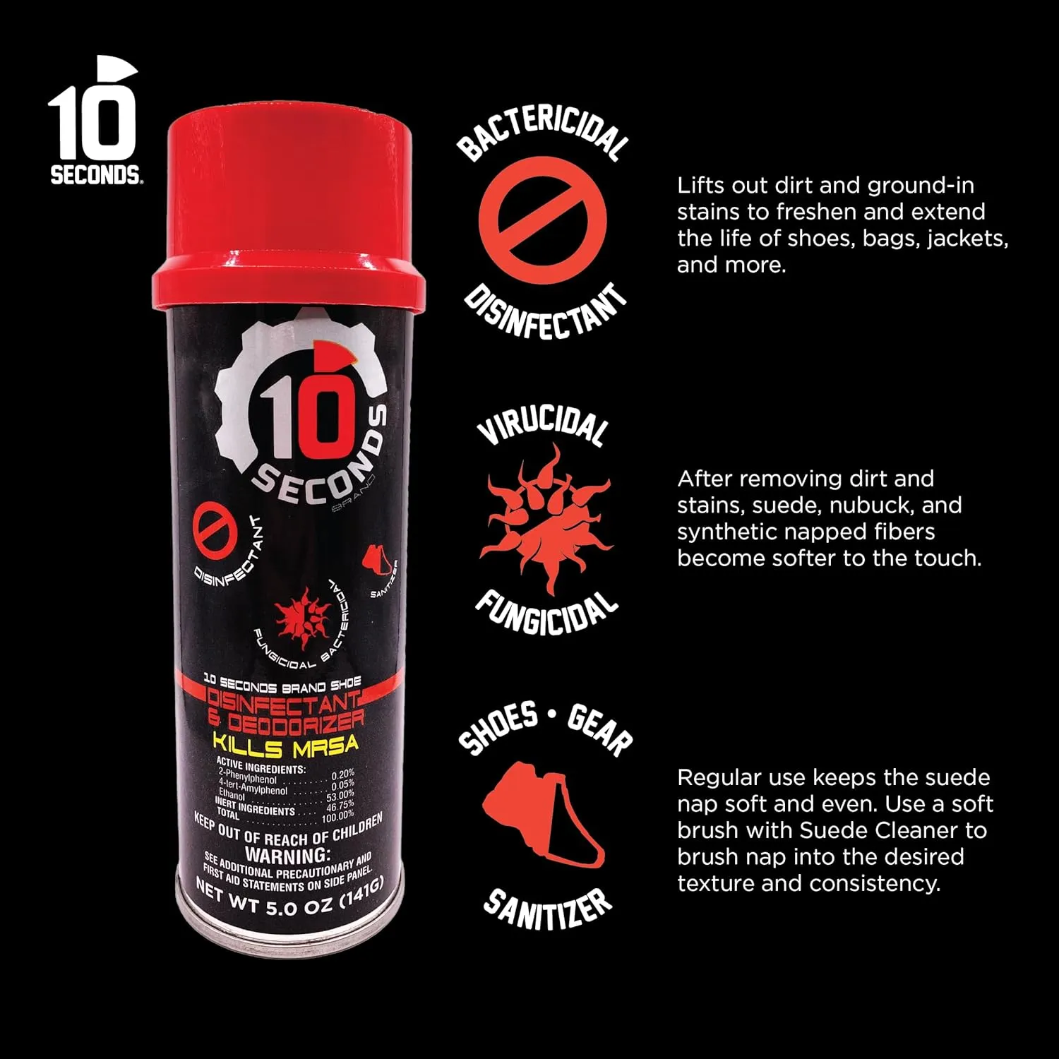 10 Seconds - Household Disinfectant Spray & Deodorizer - Great for Shoes and Gym Equipment! Superior Germ-Killing and Odor Elimination, Fights Staph, Athlete's Foot, Strep, MRSA. (Case of 12)