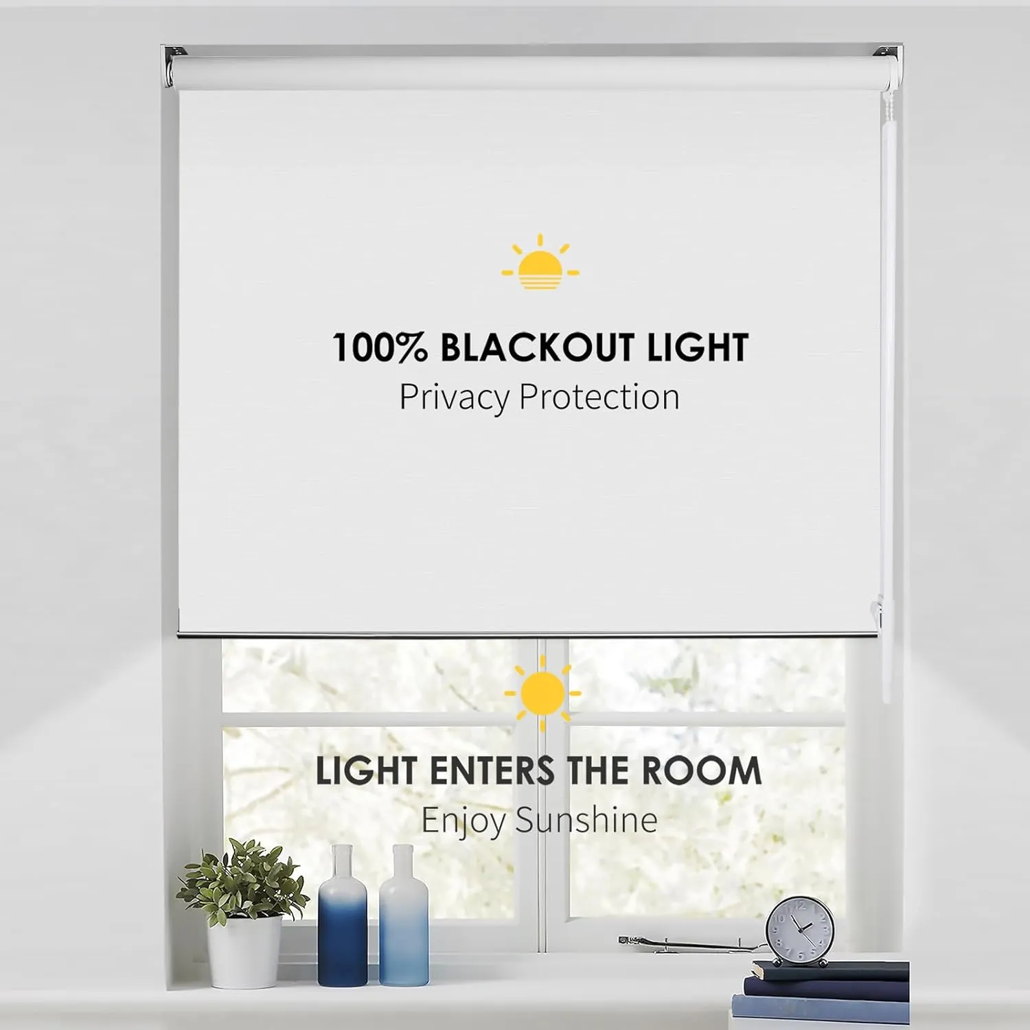 100% Blackout Roller Window Shades, Striped Jacquard Window Blinds with Thermal Insulated, UV Protection Waterproof Fabric, Roll up and Down Shades Home and Office(White - 34" W x 72" H)