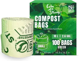 100% Compostable Trash Bags - 100 Count - Small 10 Litre/2.6 Gal Kitchen Food Waste Bags