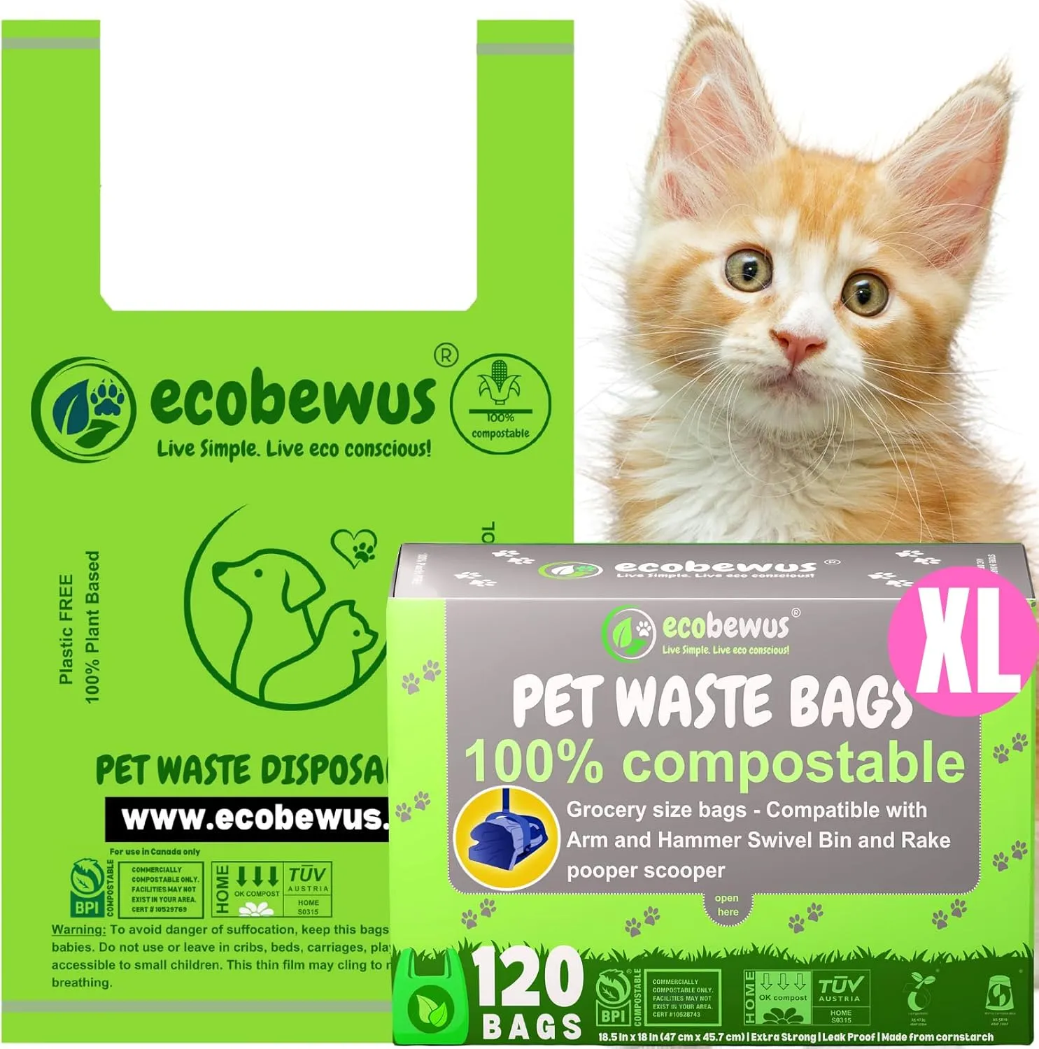 100% Compostable XL Pet Waste Bag (120 ct.) Plant-Based Biodegradable Cat Litter Poop Bags Doggy Poop Bags with Handles Compost Liners US BPI ASTM D6400 & OK Compost Home Certified (120 ct)