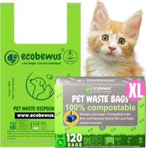 100% Compostable XL Pet Waste Bag (120 ct.) Plant-Based Biodegradable Cat Litter Poop Bags Doggy Poop Bags with Handles Compost Liners US BPI ASTM D6400 & OK Compost Home Certified (120 ct)