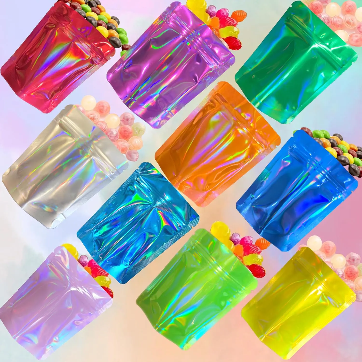 100 Pack Premium Smell Proof Mylar Bags, 10 Colors Mixed Resealable Food Storage Bags with Double-sided Holographic printing, 4" x 6" Aluminum Foil Stand-up Packaging Bags. (Mix)