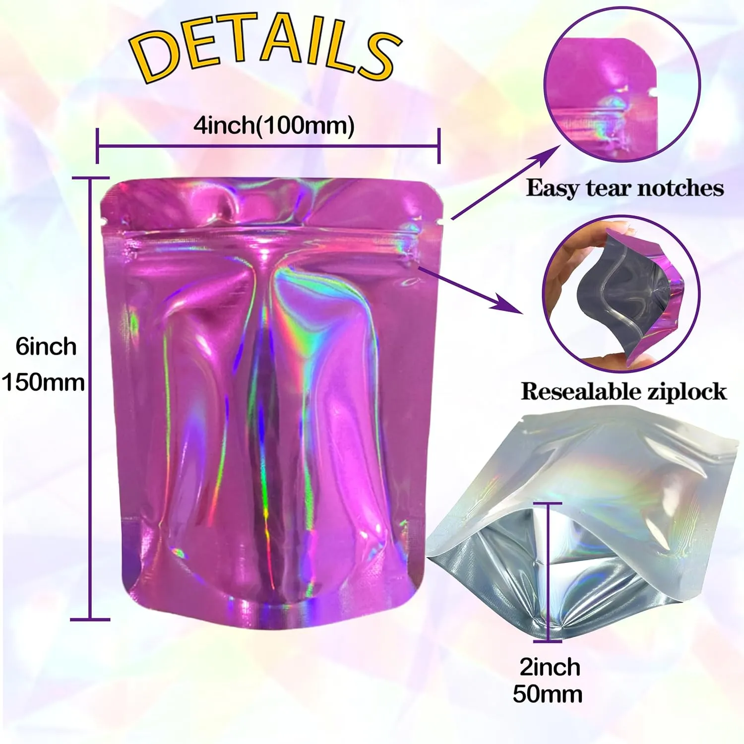 100 Pack Premium Smell Proof Mylar Bags, 10 Colors Mixed Resealable Food Storage Bags with Double-sided Holographic printing, 4" x 6" Aluminum Foil Stand-up Packaging Bags. (Mix)