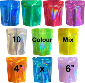 100 Pack Premium Smell Proof Mylar Bags, 10 Colors Mixed Resealable Food Storage Bags with Double-sided Holographic printing, 4" x 6" Aluminum Foil Stand-up Packaging Bags. (Mix)