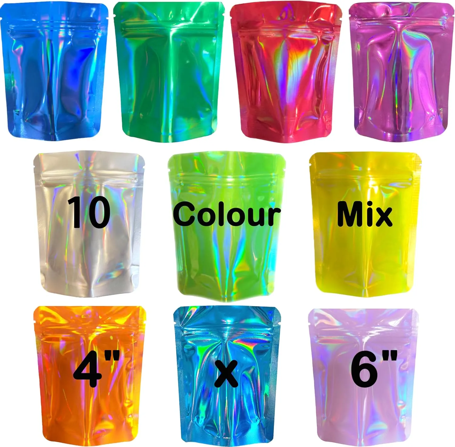 100 Pack Premium Smell Proof Mylar Bags, 10 Colors Mixed Resealable Food Storage Bags with Double-sided Holographic printing, 4" x 6" Aluminum Foil Stand-up Packaging Bags. (Mix)