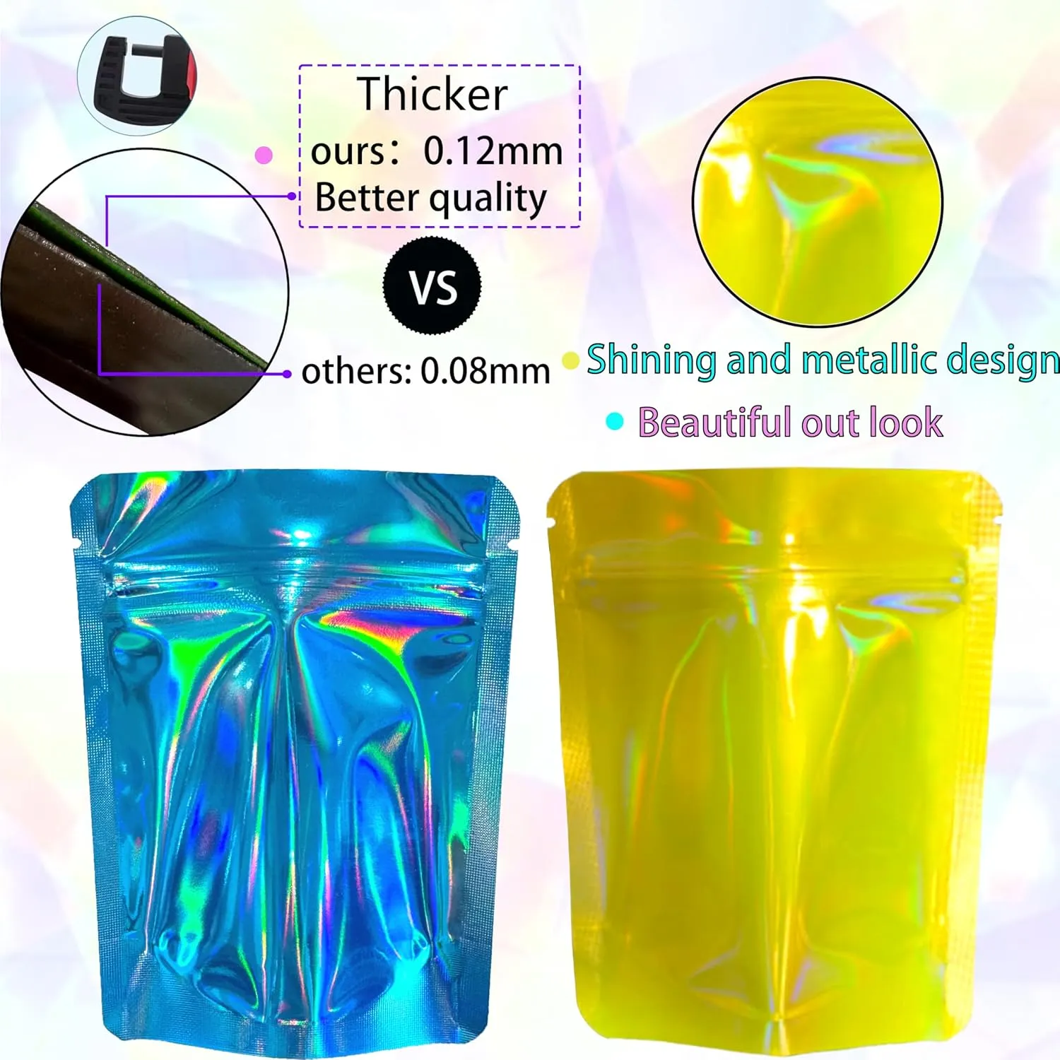 100 Pack Premium Smell Proof Mylar Bags, 10 Colors Mixed Resealable Food Storage Bags with Double-sided Holographic printing, 4" x 6" Aluminum Foil Stand-up Packaging Bags. (Mix)