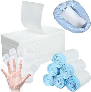 100 Set Bedpan Liners Disposable Commode Liners with Absorbent Pads Bedside Commode Bags Disposable Gloves for Elderly Females Men Women Nursing Homes Hospitals Bedridden Patients