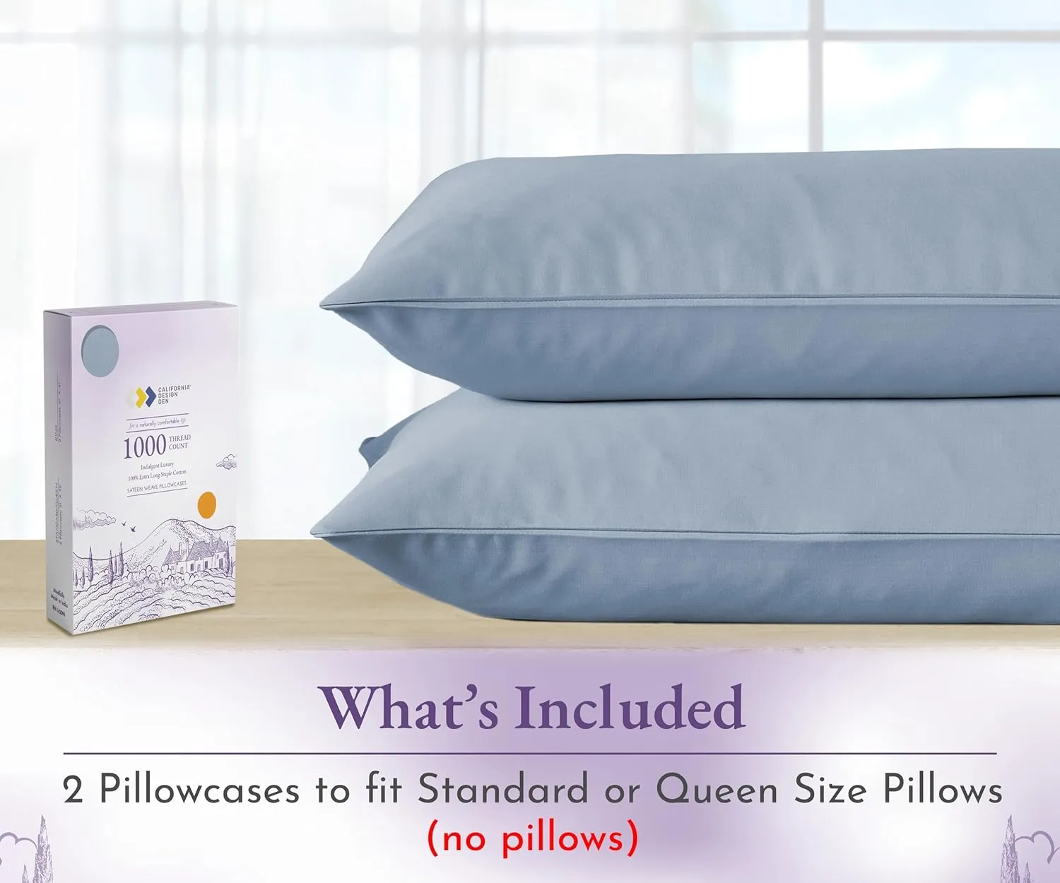 1000 Thread Count, Soft & Smooth, 100% Cotton Sateen Weave, Hotel-Quality, Set of 2 Classic Style Blue Pillow Cases Standard Size Fits Std & Queen Size Pillows