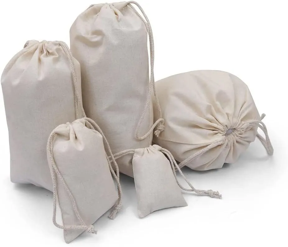 100Pcs 5 x 8 Inches Premium Cotton Muslin Double Drawstring Bags, Reusable Bag Natural Cotton Bags with Drawstring Produce Bags Bulk Gift Bag Jewelry Pouch for Party Wedding Home Storage