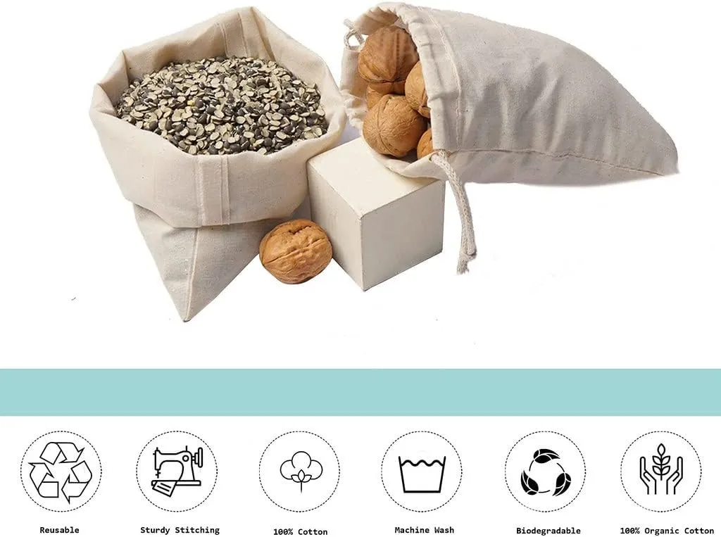 100Pcs 5 x 8 Inches Premium Cotton Muslin Double Drawstring Bags, Reusable Bag Natural Cotton Bags with Drawstring Produce Bags Bulk Gift Bag Jewelry Pouch for Party Wedding Home Storage