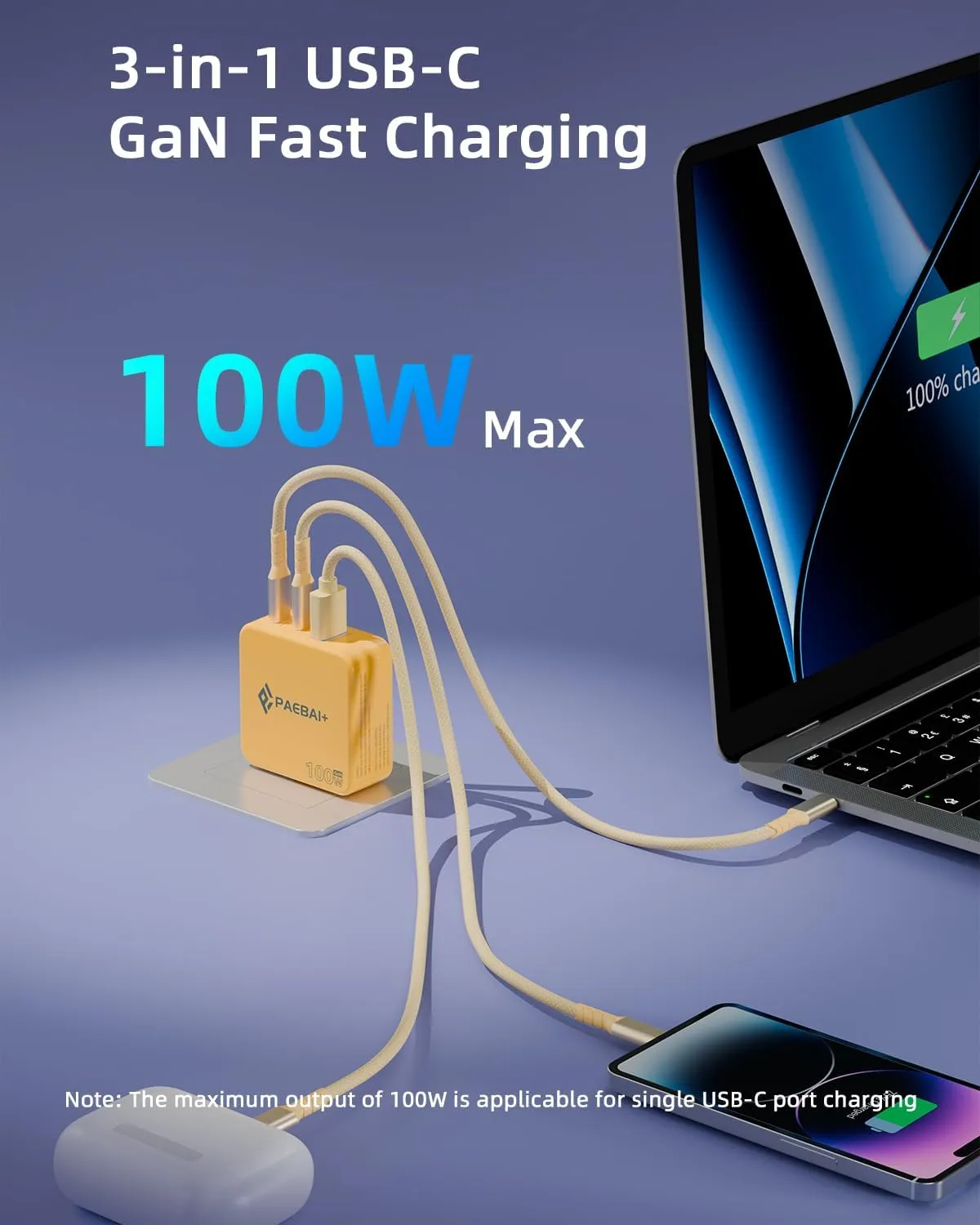 100W USB C Charger Block, 3 Port GaN Foldable Compact Wall Fast Charger for MacBook Pro MacBook Air, Dell XPS, iPhone 16 15 Series, Samsung Galaxy, iPad Pro and All USB-C Devices