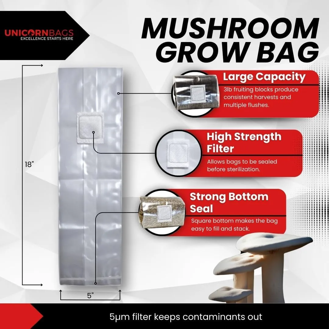 10B OxoD Mushroom Grow Bag Small Polypropylene 5” x 4” x 18” 5 Micron Filter Biodegradable (20)