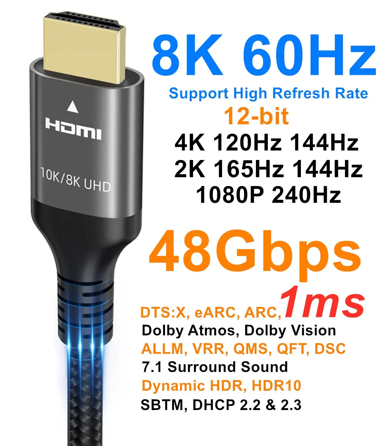10K 8K 4K HDMI Cable 48Gbps 10 FT, Certified Ultra High Speed HDMI® Cable 4K 240Hz 144Hz 120Hz 8K60Hz 0.01ms HDR10  eARC HDCP2.3 Netflix Roku TV PC Monitor Projector PS5 Xbox