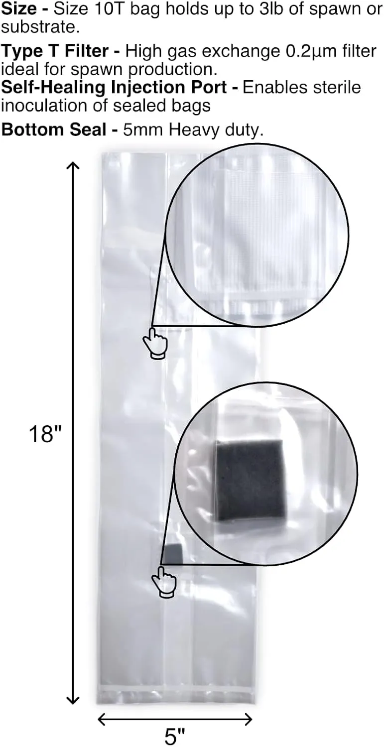 10T Injection Port OxoD Mushroom Grow Bag Small Polypropylene 5” x 4” x 18” 0.2 Micron Filter Biodegradable (20)
