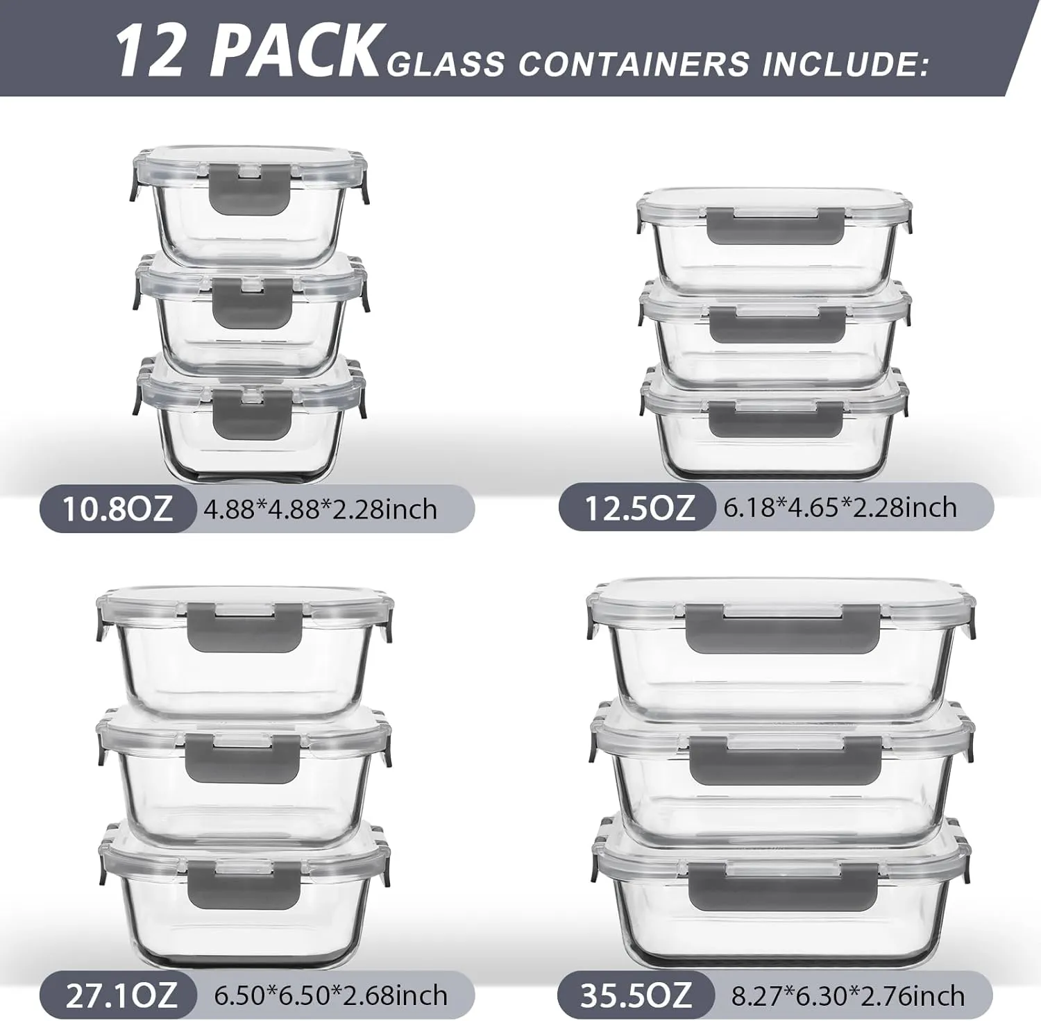 12 Pack Glass Food Storage Containers with Lids, Glass Meal Prep Containers Set with Leak Proof Lids, Airtight Lunch Container for Kitchen, Microwave, Oven, Freezer, Dishwasher Safe, Bpa free