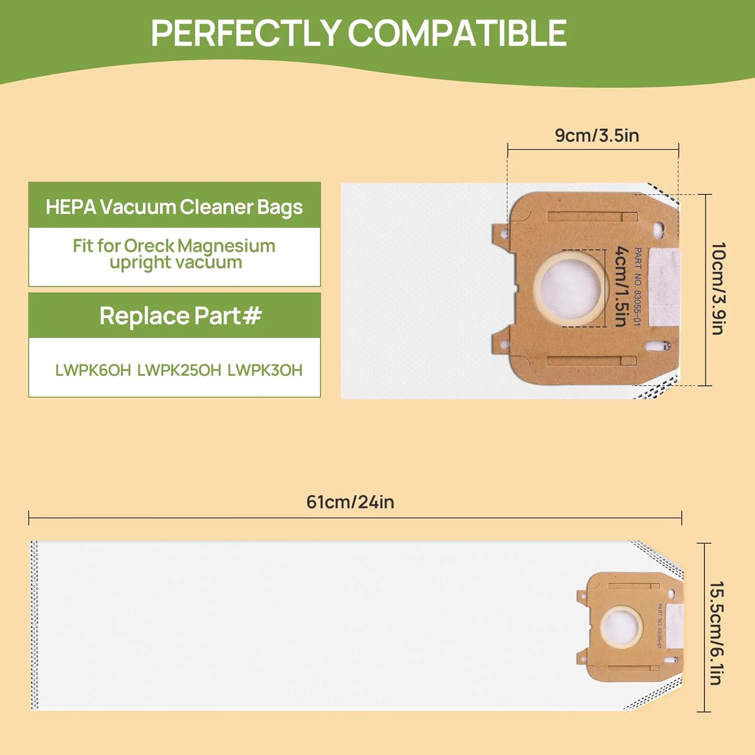 12 Pack Type LW Odor Fighting HEPA Vacuum Cleaner Bags Compatible with Oreck Magnesium Upright Vacuum, Part # LWPK6OH LWPK25OH LWPK3OH by PETOX, White