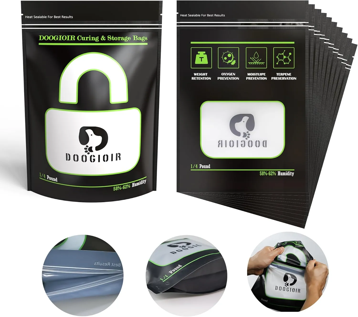 1/4 LB Curing & Storage Bags, Double-Tracked Zip Closure Heat Sealable Upright Cure Bags - Reusable Humidity Control (11.8 x 8.1 in, 10 Pack)
