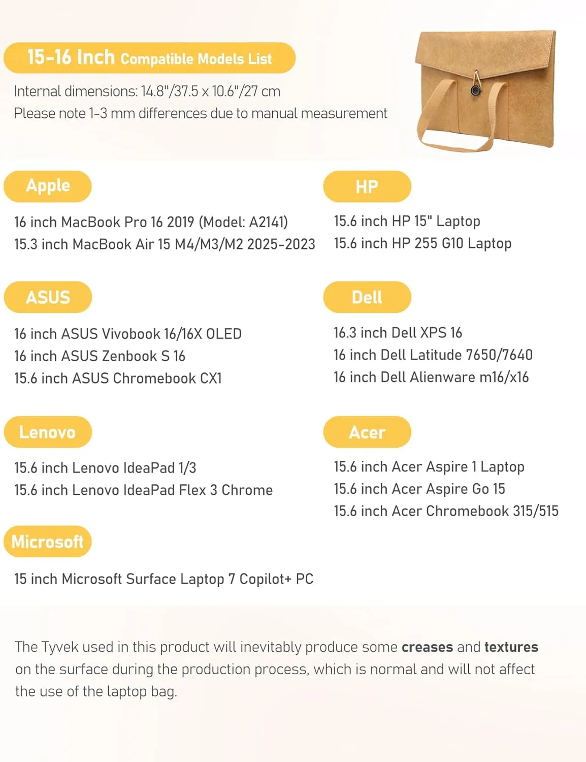 15-16 Inch Tyvek Slim Laptop Sleeve, Compatible with 16.2 Inch Macbook Pro 16 M4/M3/M2/M1 Pro/Max 2024-2021, 15.3 Inch MacBook Air 15, 16 Inch ASUS Vivobook, Dell XPS 16, Autumn Oak