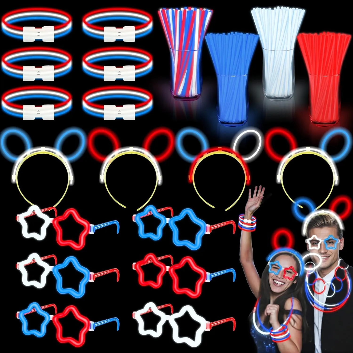 180 Pcs 4th of July Light Up Party Favors, 12 Red White Blue Star Glasses 6 Headbands 12 Bracelets 150 Patriotic Glow Sticks Bulk with Connectors Glow in the Dark Party Supplies Memorial Day Decor