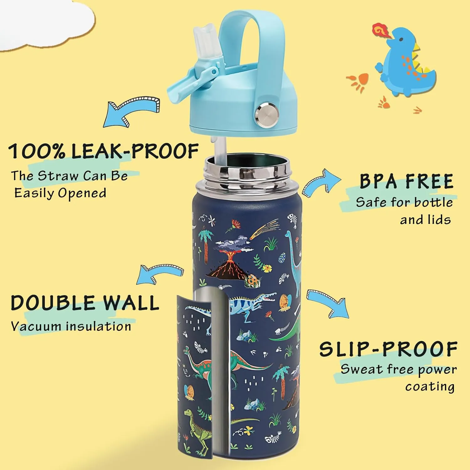 18oz Kids Insulated Water Bottle with Straw Lid - 18/8 Stainless Steel Kid Cup BPA-FREE Travel Tumbler Double Wall Vacuum Leak Proof Portable Toddler Water Bottle(Dinosaur)