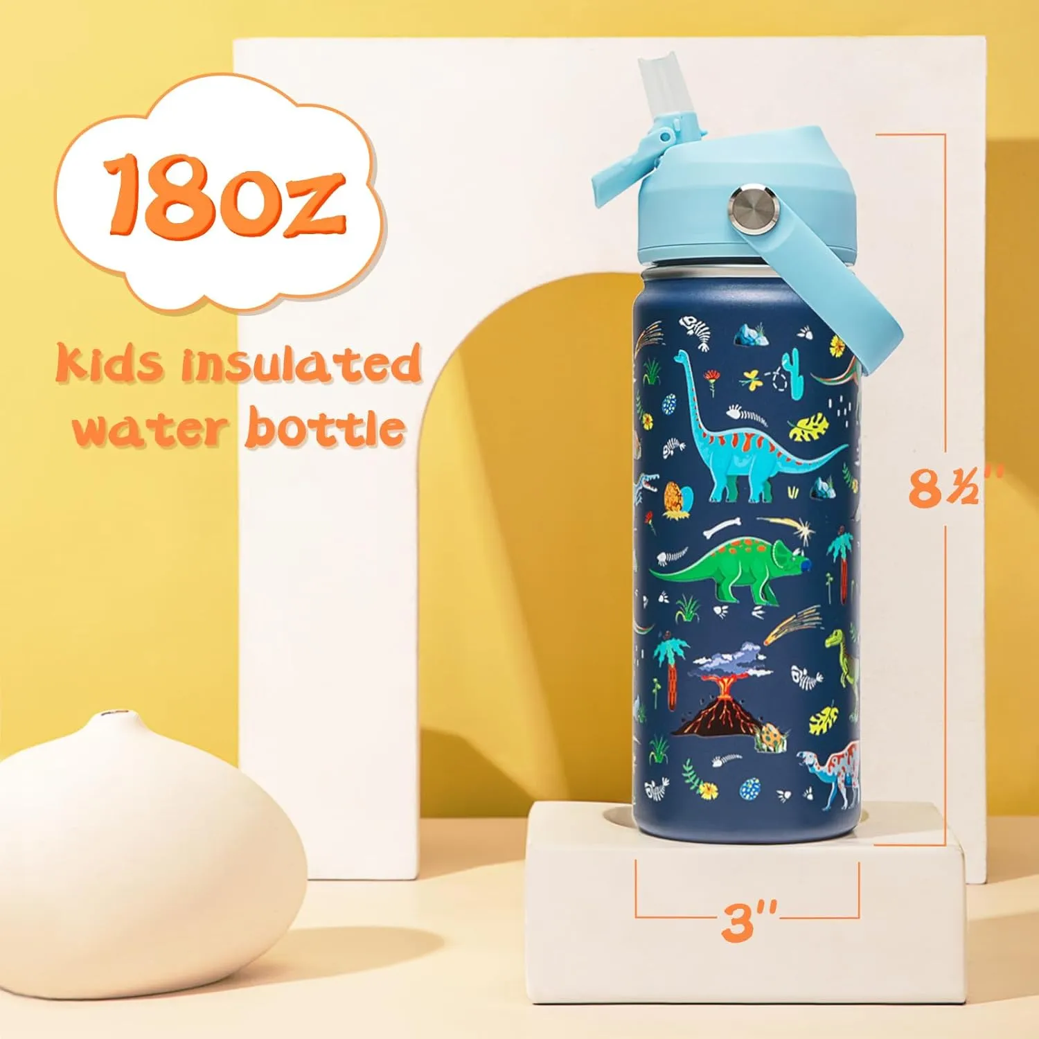 18oz Kids Insulated Water Bottle with Straw Lid - 18/8 Stainless Steel Kid Cup BPA-FREE Travel Tumbler Double Wall Vacuum Leak Proof Portable Toddler Water Bottle(Dinosaur)