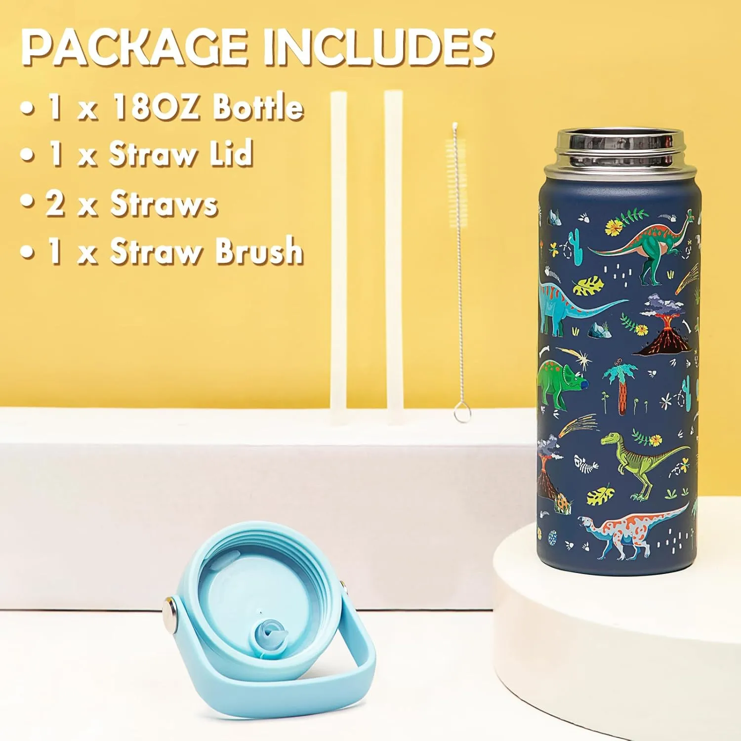18oz Kids Insulated Water Bottle with Straw Lid - 18/8 Stainless Steel Kid Cup BPA-FREE Travel Tumbler Double Wall Vacuum Leak Proof Portable Toddler Water Bottle(Dinosaur)