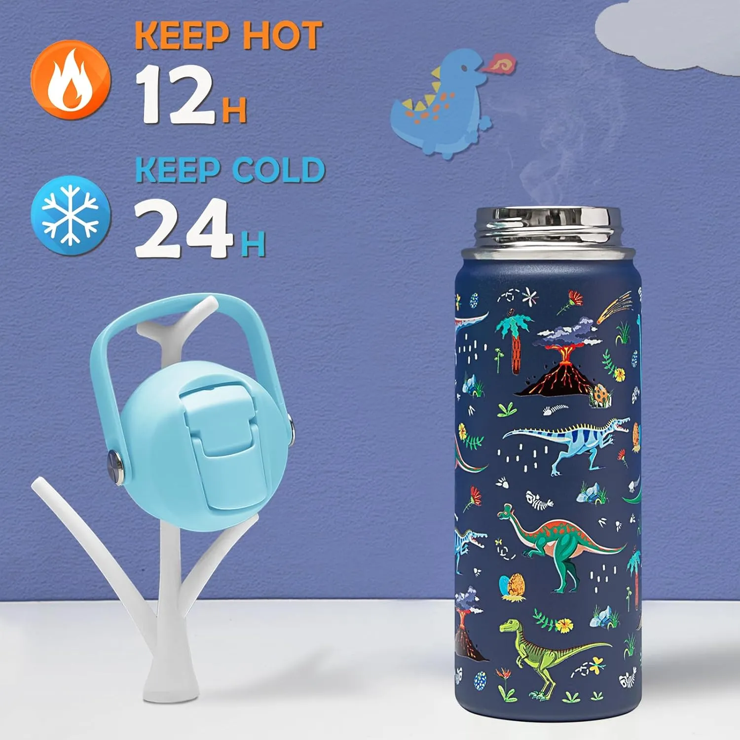 18oz Kids Insulated Water Bottle with Straw Lid - 18/8 Stainless Steel Kid Cup BPA-FREE Travel Tumbler Double Wall Vacuum Leak Proof Portable Toddler Water Bottle(Dinosaur)