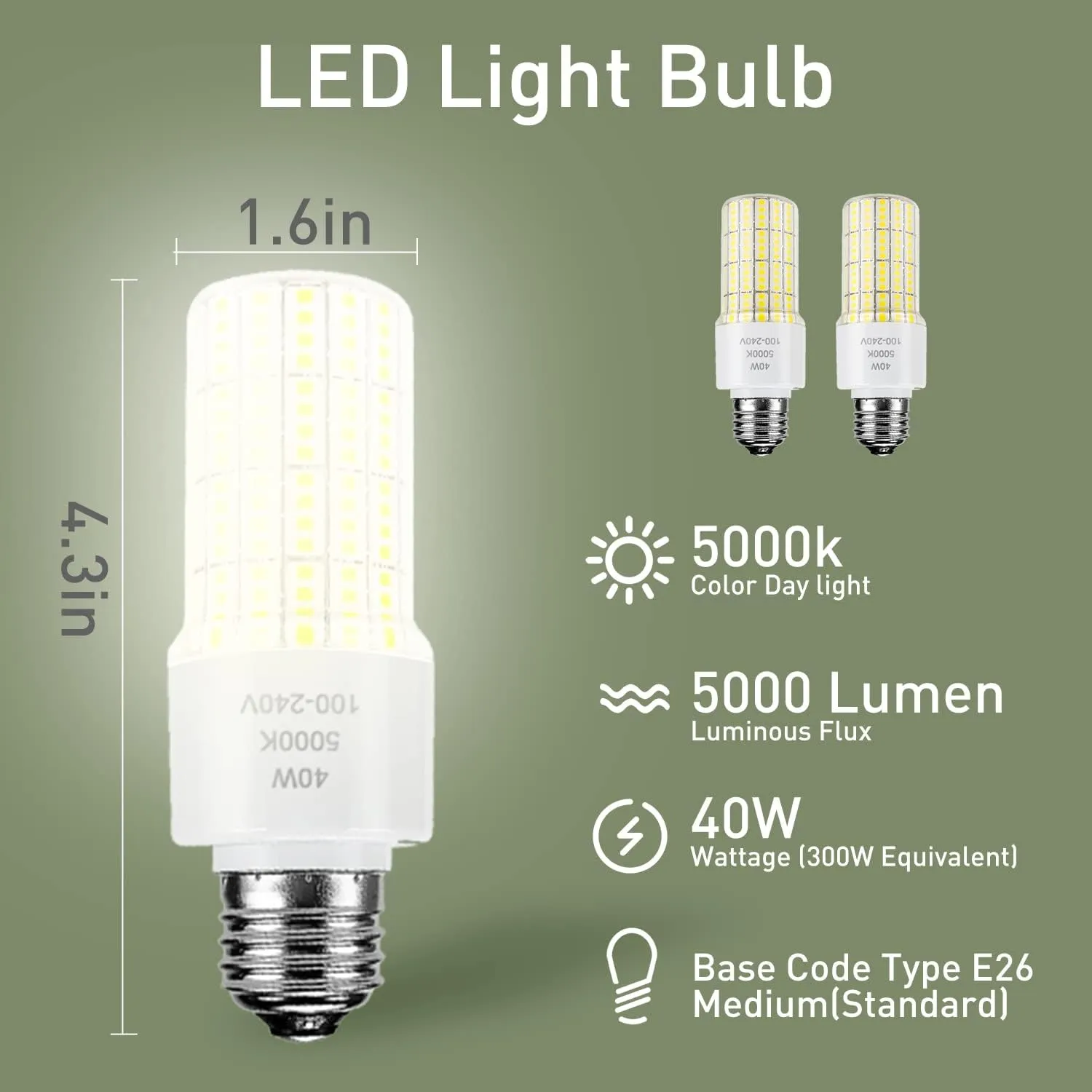 2 Pack 40W Led Light Bulb(300W Equivalent) 5000 Lumens 5000K Daylight White Led Bulbs E26/E27 Medium Base for Indoor Outdoor Street Office Warehouse Workshop Garage Backyard