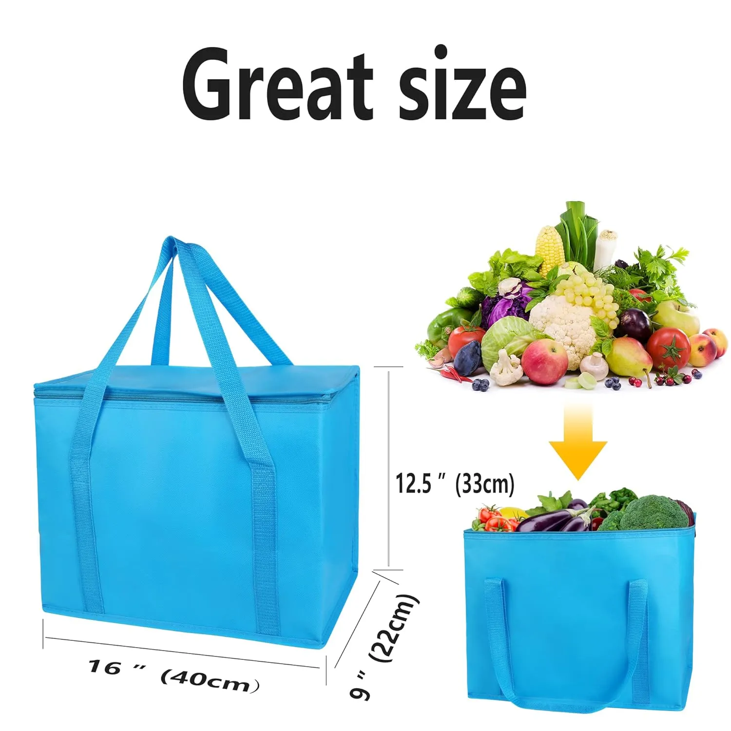 2-Pack Extra Insulated Grocery Shopping Bag, Large Blue, Reusable Bags,Pizza,Sturdy Zipper,Collapsible,Tote,Cooler,for Transport Women,for instacart,Durable,Thermal