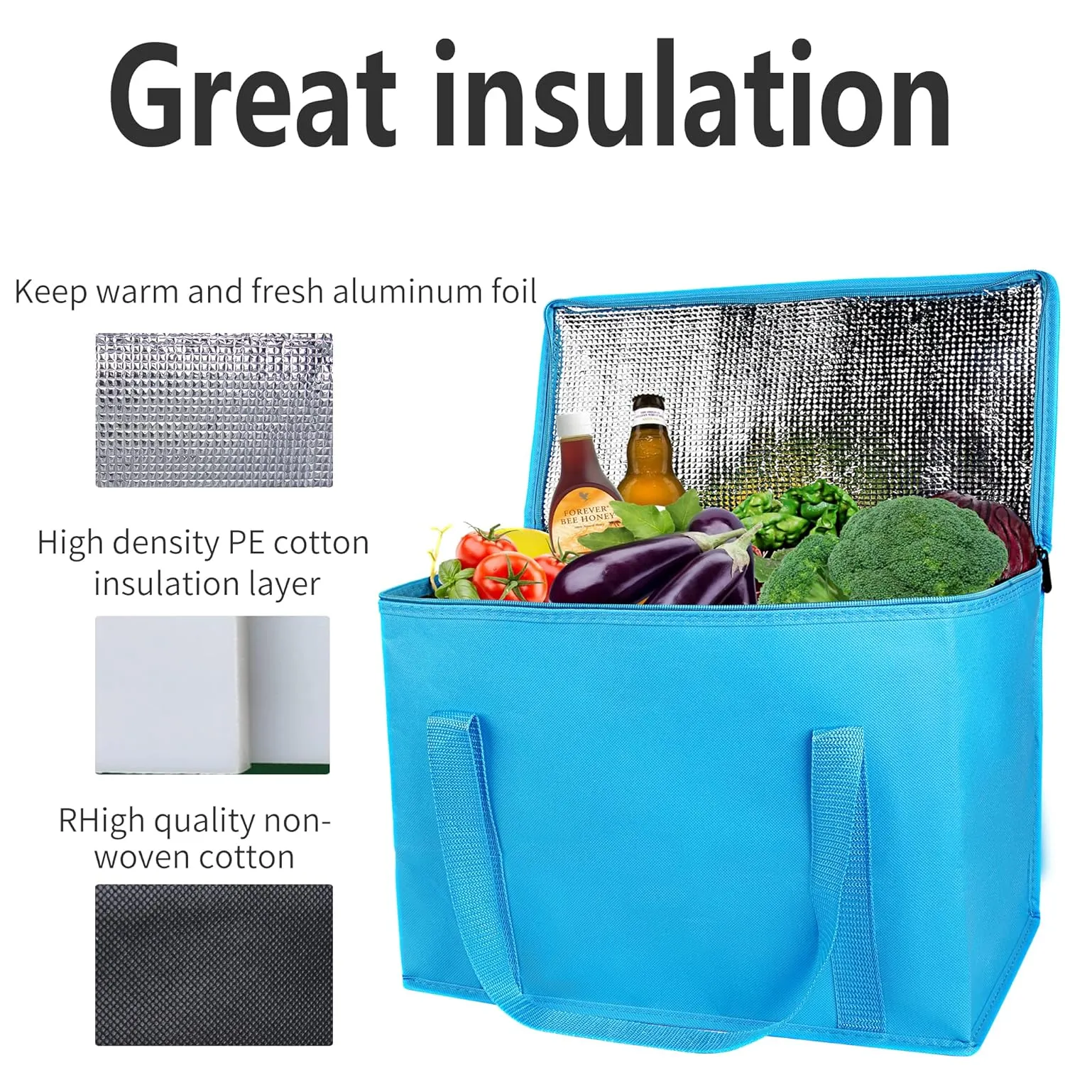 2-Pack Extra Insulated Grocery Shopping Bag, Large Blue, Reusable Bags,Pizza,Sturdy Zipper,Collapsible,Tote,Cooler,for Transport Women,for instacart,Durable,Thermal
