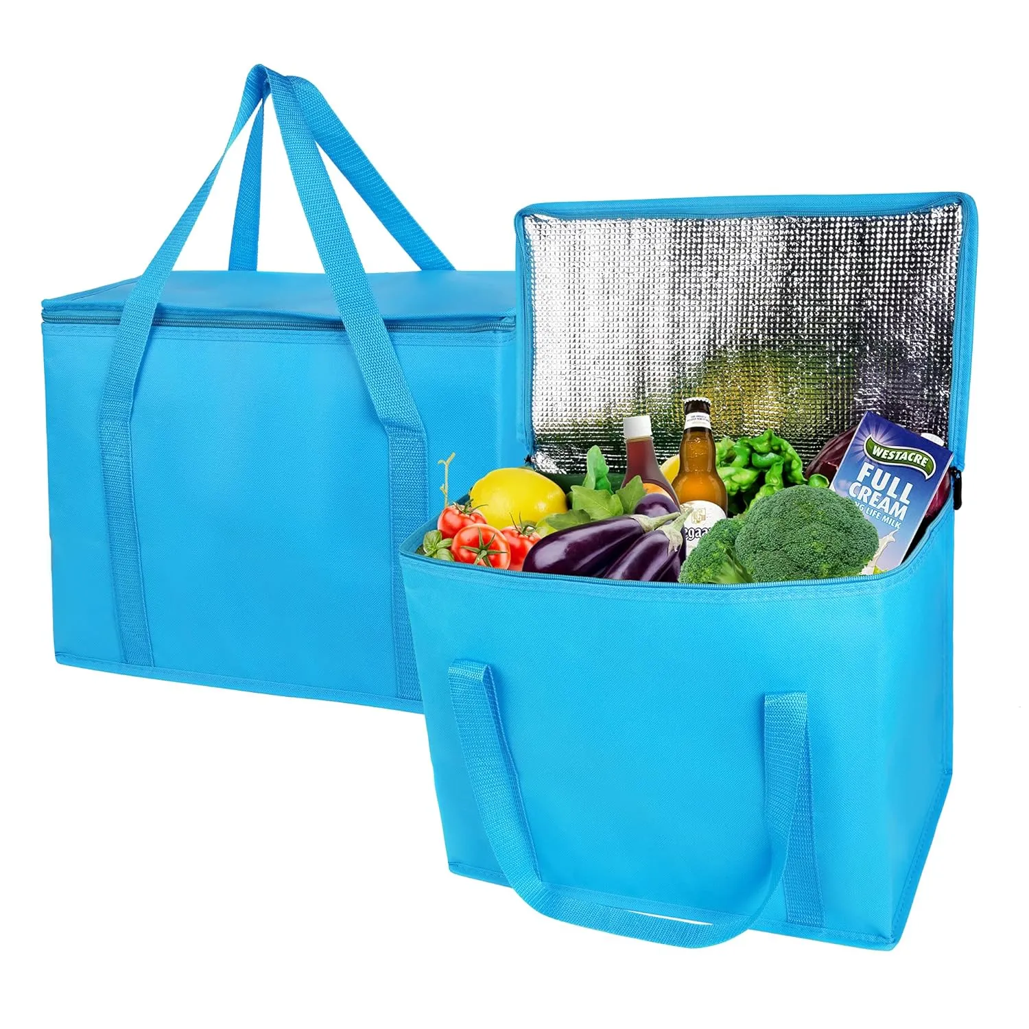 2-Pack Extra Insulated Grocery Shopping Bag, Large Blue, Reusable Bags,Pizza,Sturdy Zipper,Collapsible,Tote,Cooler,for Transport Women,for instacart,Durable,Thermal