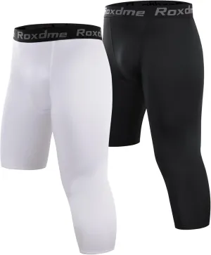 2 Pack Men's 3/4 One Leg Compression Capri Tights Pants Basketball Athletic Running