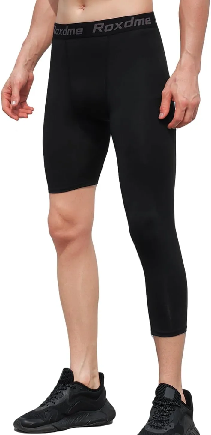 2 Pack Men's 3/4 One Leg Compression Capri Tights Pants Basketball Athletic Running