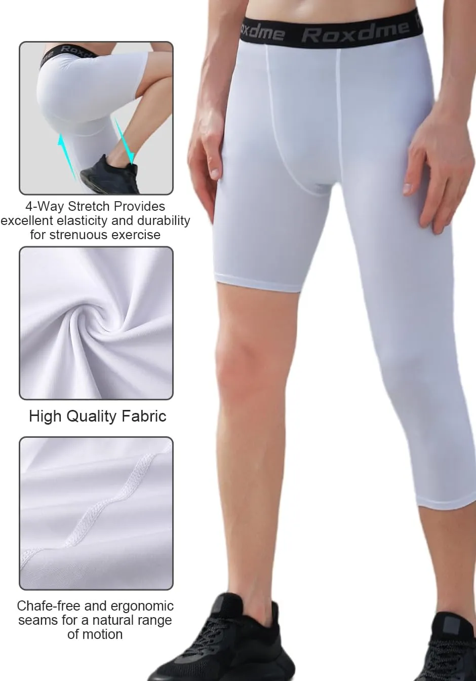 2 Pack Men's 3/4 One Leg Compression Capri Tights Pants Basketball Athletic Running