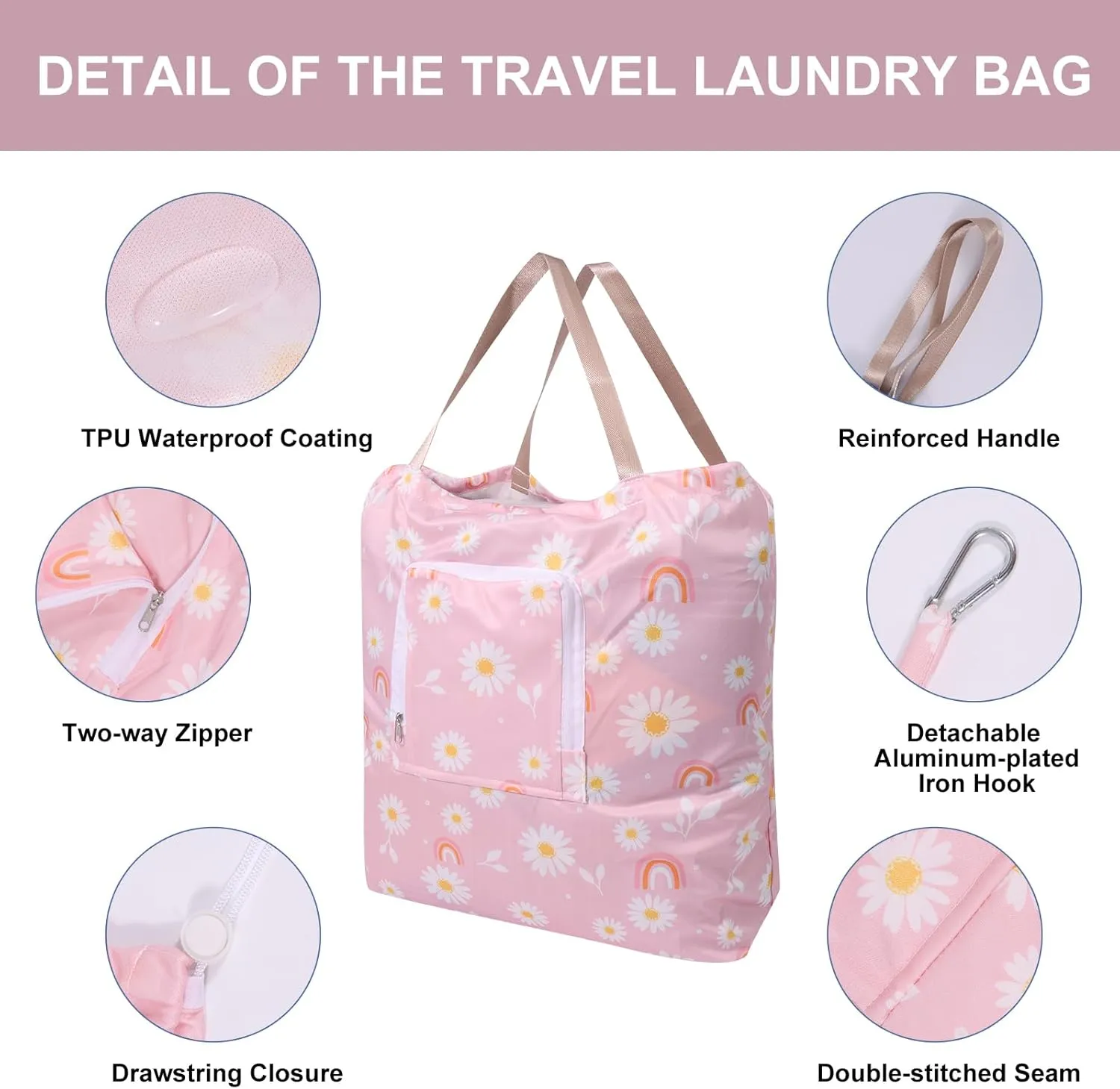 2 Pack Travel Laundry Bag with Handle and Drawstring, Expandable Foldable Dirty Clothes Bags with Hook and Zipper, 23*20 inch, Cartoon 1 White   Pink
