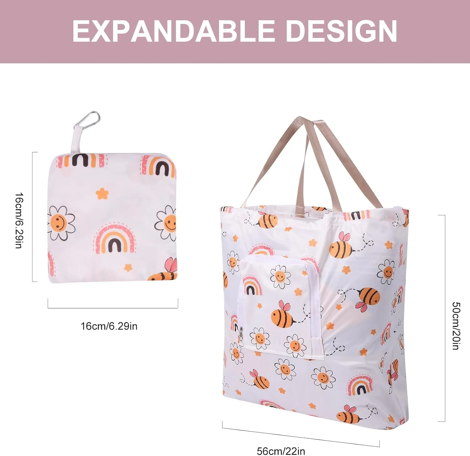 2 Pack Travel Laundry Bag with Handle and Drawstring, Expandable Foldable Dirty Clothes Bags with Hook and Zipper, 23*20 inch, Cartoon 1 White   Pink