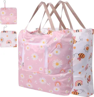 2 Pack Travel Laundry Bag with Handle and Drawstring, Expandable Foldable Dirty Clothes Bags with Hook and Zipper, 23*20 inch, Cartoon 1 White   Pink