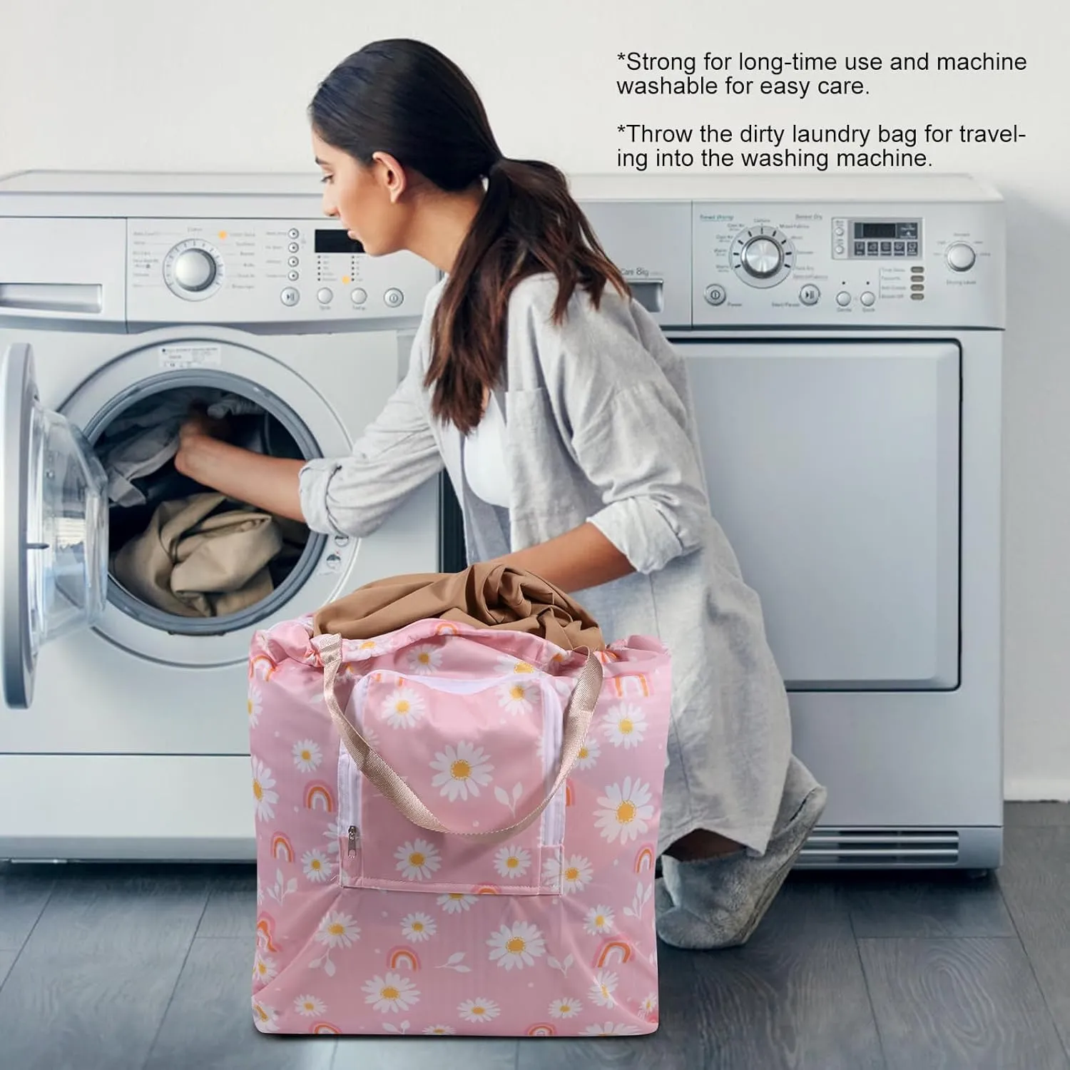 2 Pack Travel Laundry Bag with Handle and Drawstring, Expandable Foldable Dirty Clothes Bags with Hook and Zipper, 23*20 inch, Cartoon 1 White   Pink