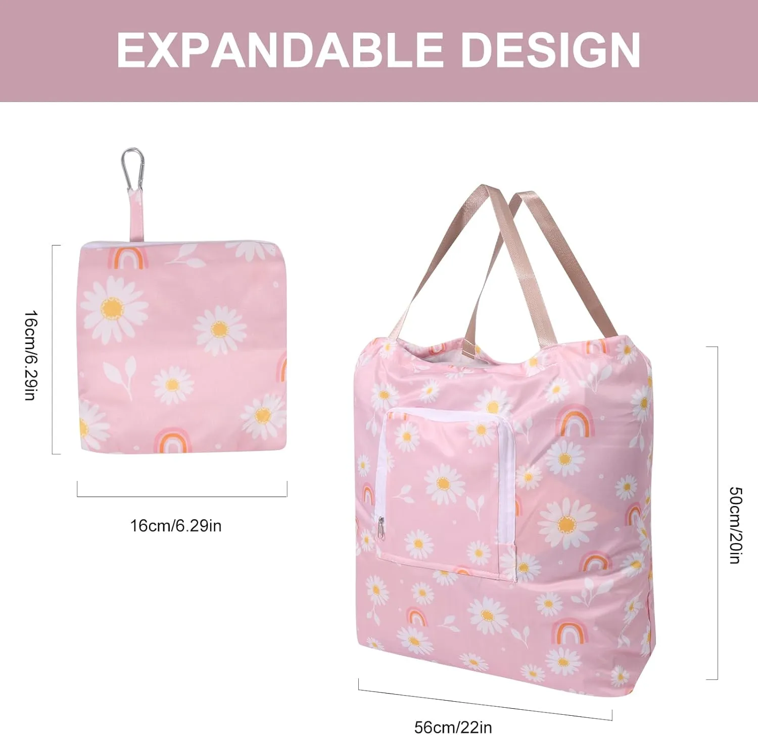 2 Pack Travel Laundry Bag with Handle and Drawstring, Expandable Foldable Dirty Clothes Bags with Hook and Zipper, 23*20 inch, Cartoon 1 White   Pink