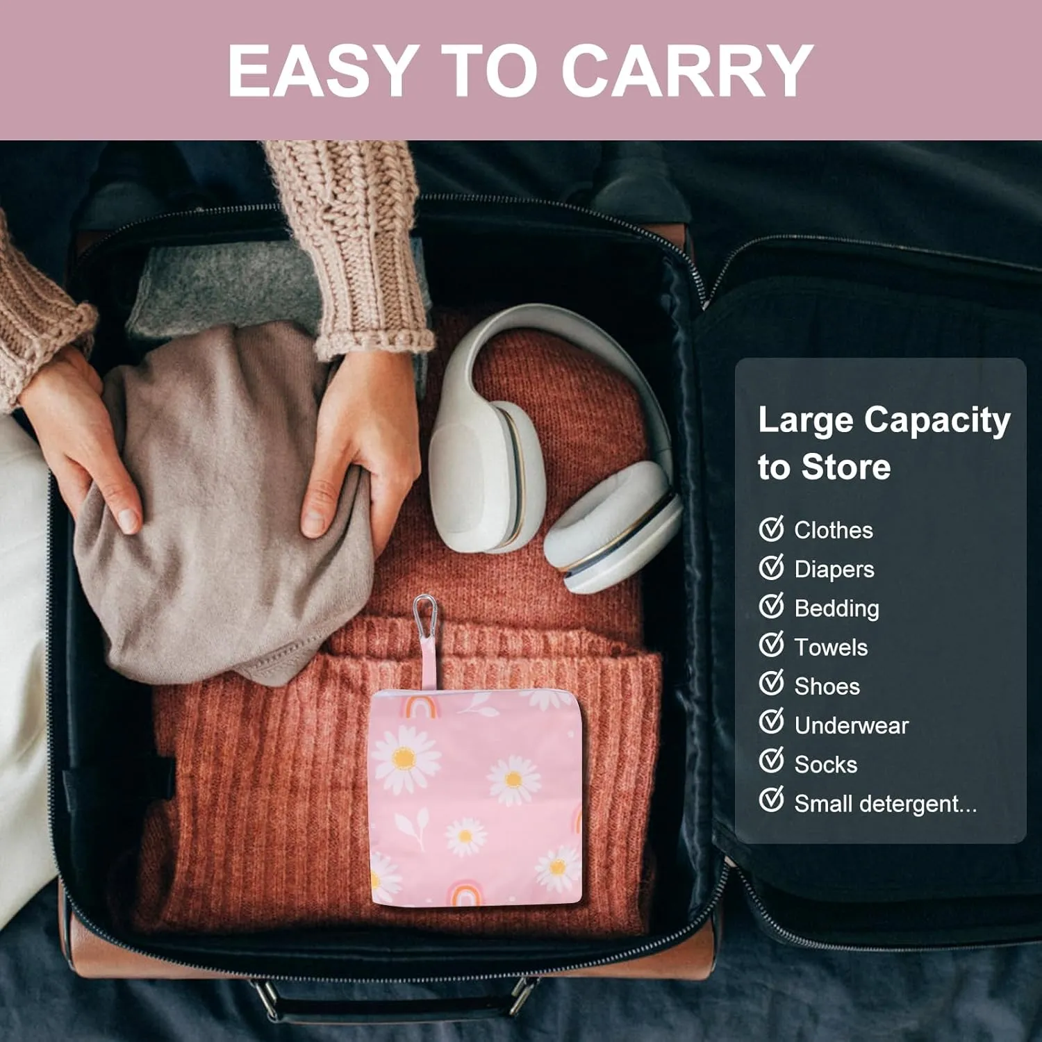 2 Pack Travel Laundry Bag with Handle and Drawstring, Expandable Foldable Dirty Clothes Bags with Hook and Zipper, 23*20 inch, Cartoon 1 White   Pink