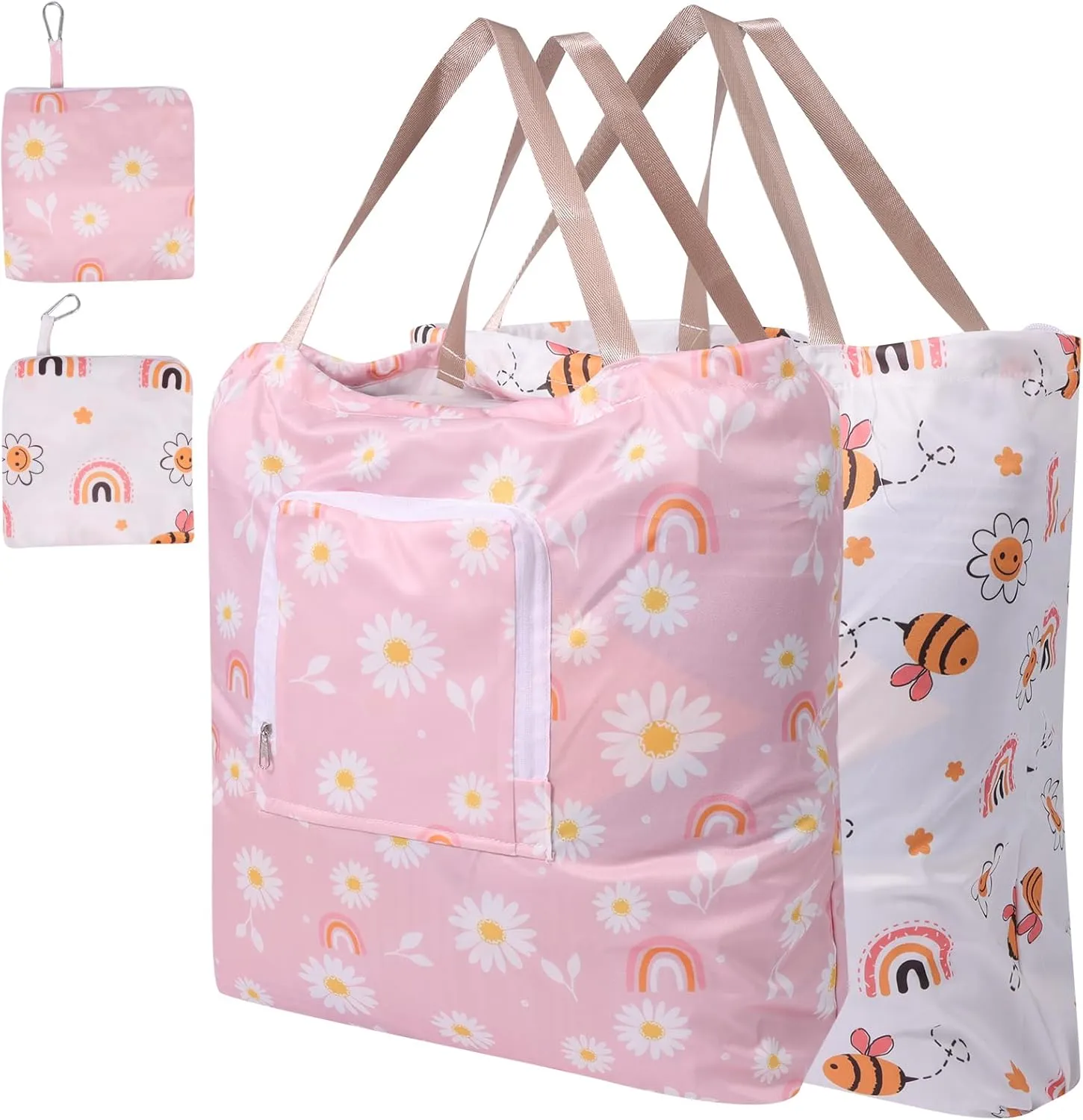 2 Pack Travel Laundry Bag with Handle and Drawstring, Expandable Foldable Dirty Clothes Bags with Hook and Zipper, 23*20 inch, Cartoon 1 White   Pink